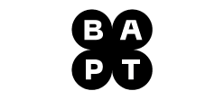 Donker BAPT-logo van vier cirkels met letters