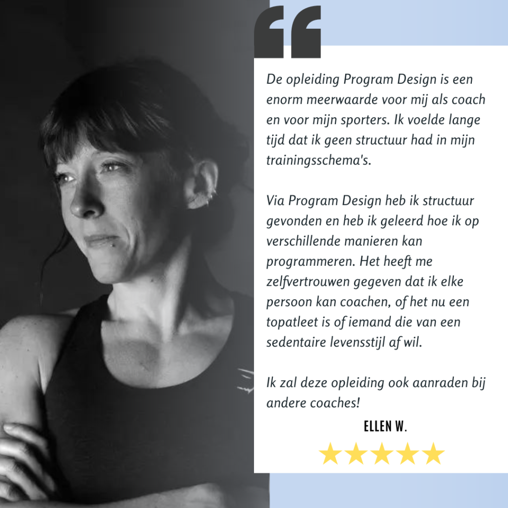 Testimonialafbeelding met portret van een vrouw en tekst van een cursusbeoordeling