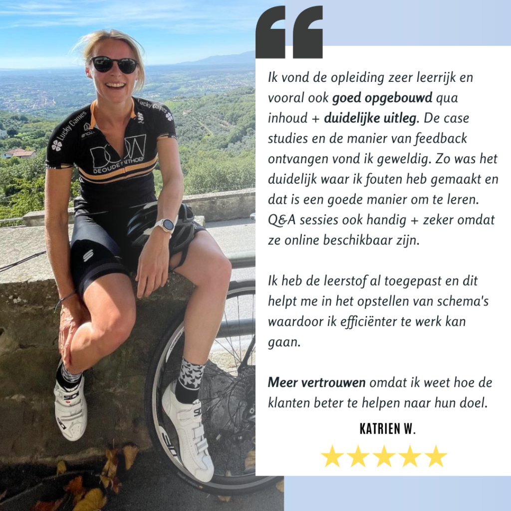 Testimonialafbeelding met vrouwelijke wielrenner en cursusbeoordeling