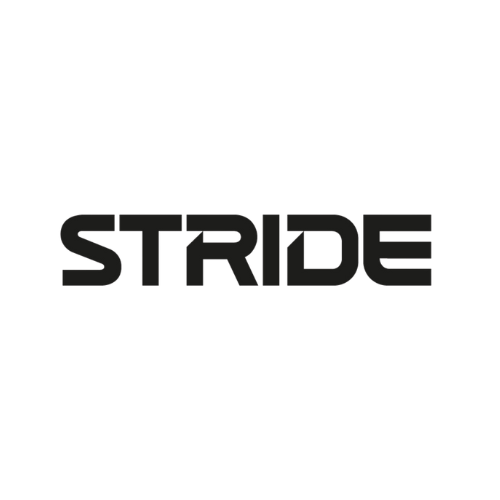 STRIDE-woordmerklogo in zwart op een lichtgrijze achtergrond
