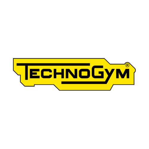 Technogym-logo in zwart op een geel label
