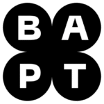 Donker BAPT-logo van vier cirkels met letters